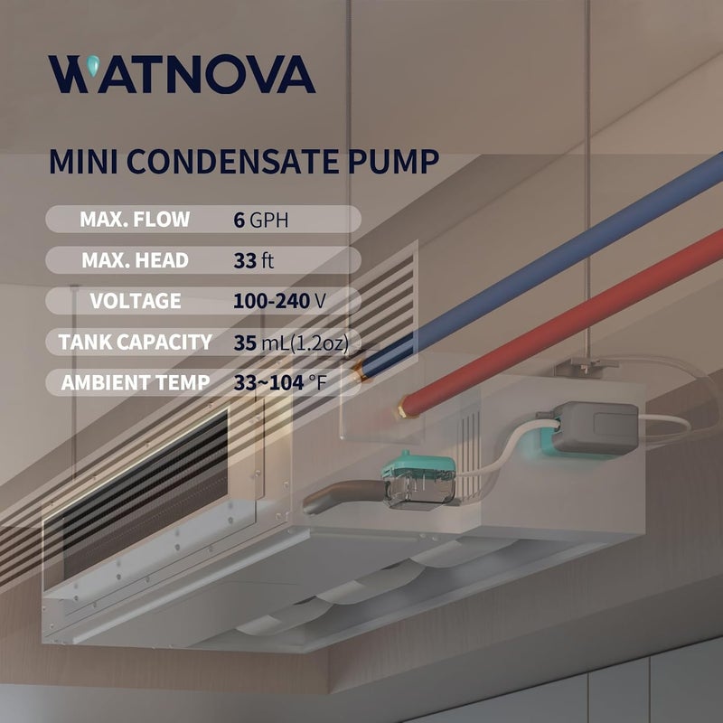 WATNOVA Mini Split HVAC Condensate Pump, 6GPH 100/240V, 33ft Lift, Ultra Quiet, Automatic AC Condensation Removal for HVAC, Central Air Fan Coil Units, Ice Makers, Dehumidifiers - Image 3